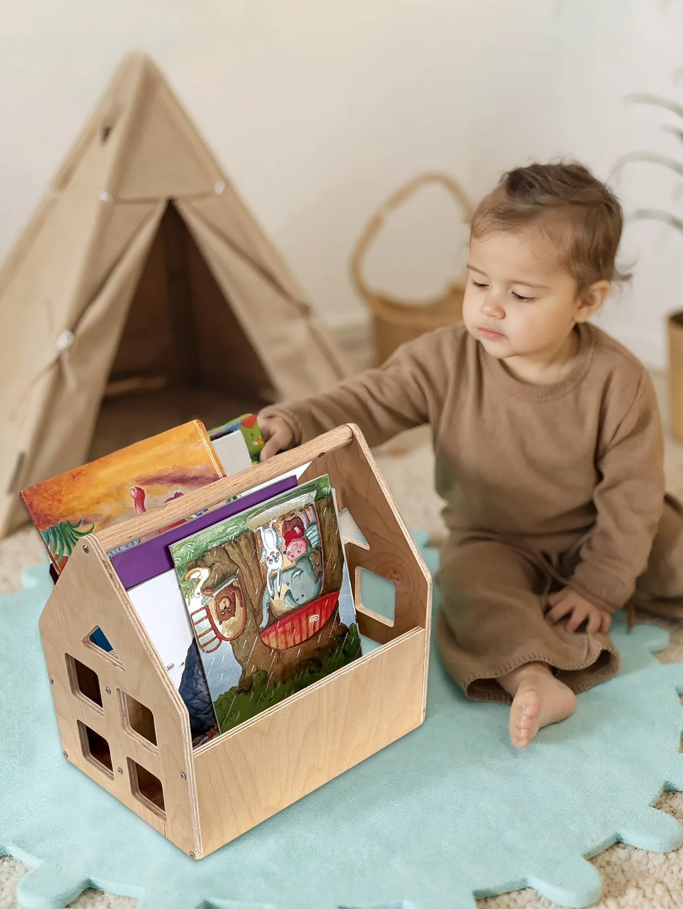 Toddler Bookshelf Double-Sided with 2 Tier Wooden Montessori Book Rack for Baby Nursery Room, Bedroom Bookcase Storage Organizer
