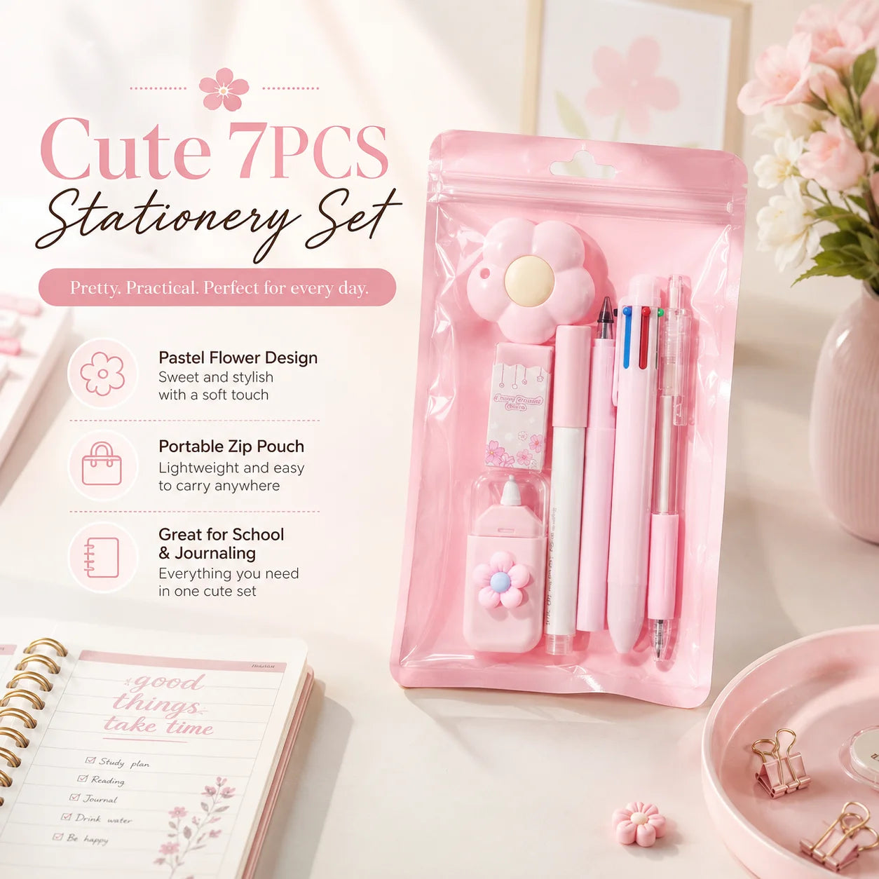 Kawaii Stationery Set 7pcs Cute School Gift Pack for Girls Teens