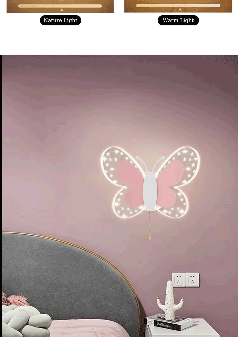 Butterfly LED Wall Lamp Tricolor Adjustment Pull Switch Children Room Wall Light Creative Living Room Bedside Home Ddecor Lamps