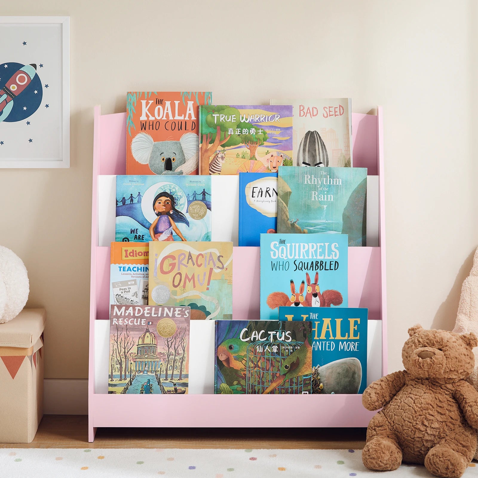 SoBuy KMB32 Children's Bookshelf Children's Shelf Newspaper stand with 4 Shelves storage Shelf for Children White