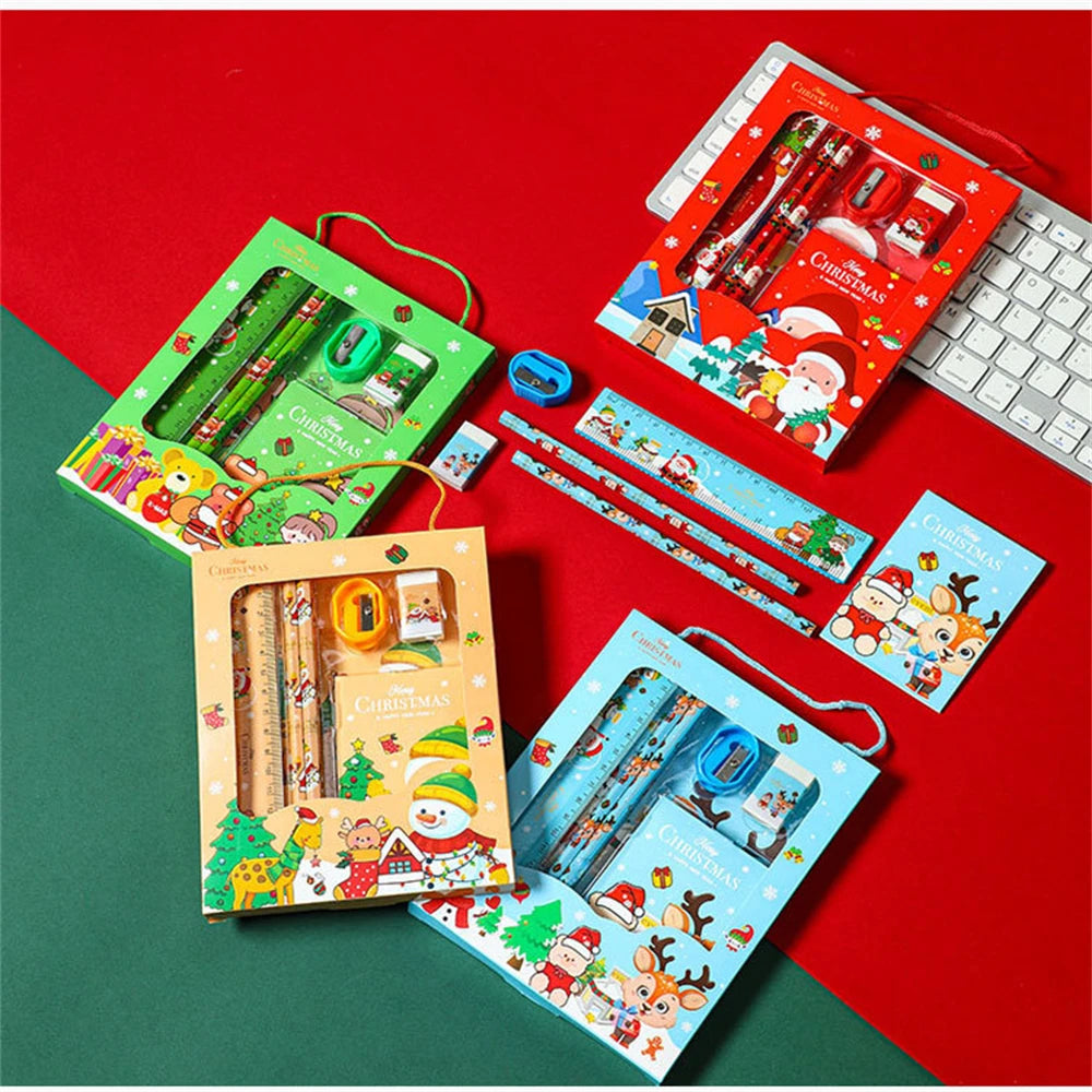6pcs Christmas Stationery Set Kids Cartoon Pencils Eraser Ruler Memo Pads Pencil Knife Set School Supplies Back To School Gifts