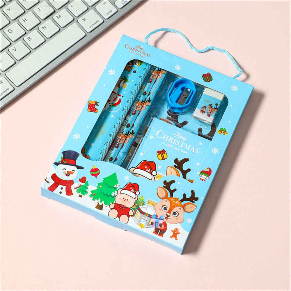6pcs Christmas Stationery Set Kids Cartoon Pencils Eraser Ruler Memo Pads Pencil Knife Set School Supplies Back To School Gifts