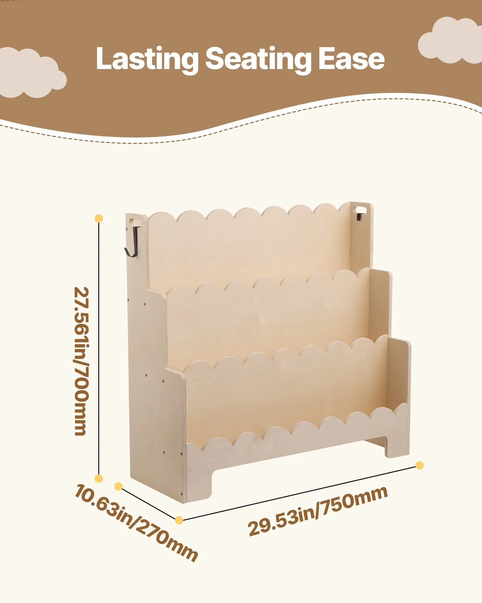 Montessori Children's Bookshelf - Three-tiered Bookshelf with Wave-shaped Sliding Grooves, Forward-leaning Bookshelf Frame Equipped with Double Hooks, Suitable for Baby Bookshelves, Children's Rooms, Preschools and Kindergart
