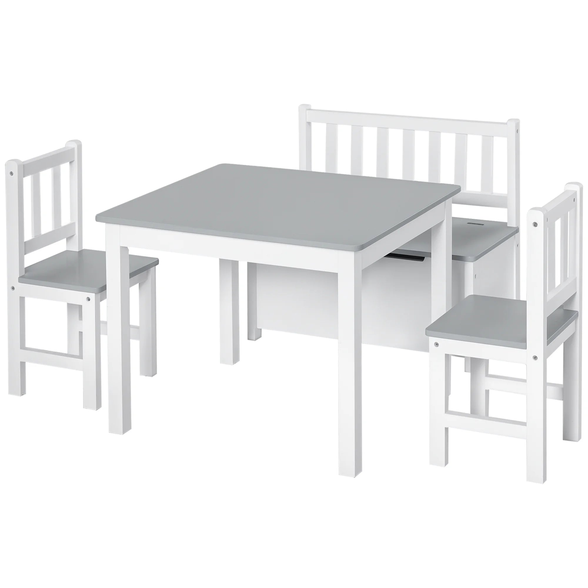 HOMCOM HOMCOM Children’s table and chairs set-4-piece set-table, 2 chairs, 2-in-1 chest bench-white pine MDF gray
