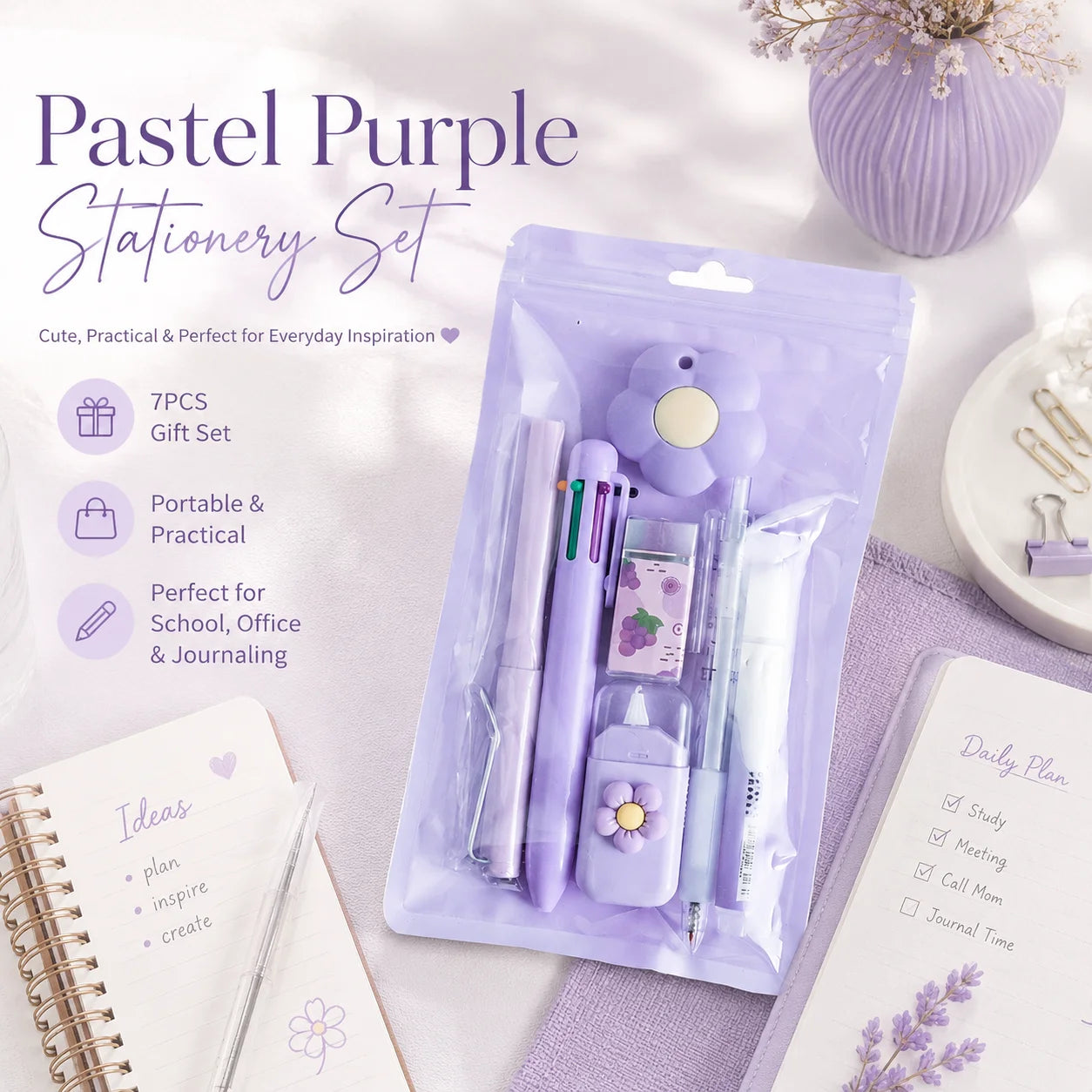 Kawaii Stationery Set 7pcs Cute School Gift Pack for Girls Teens