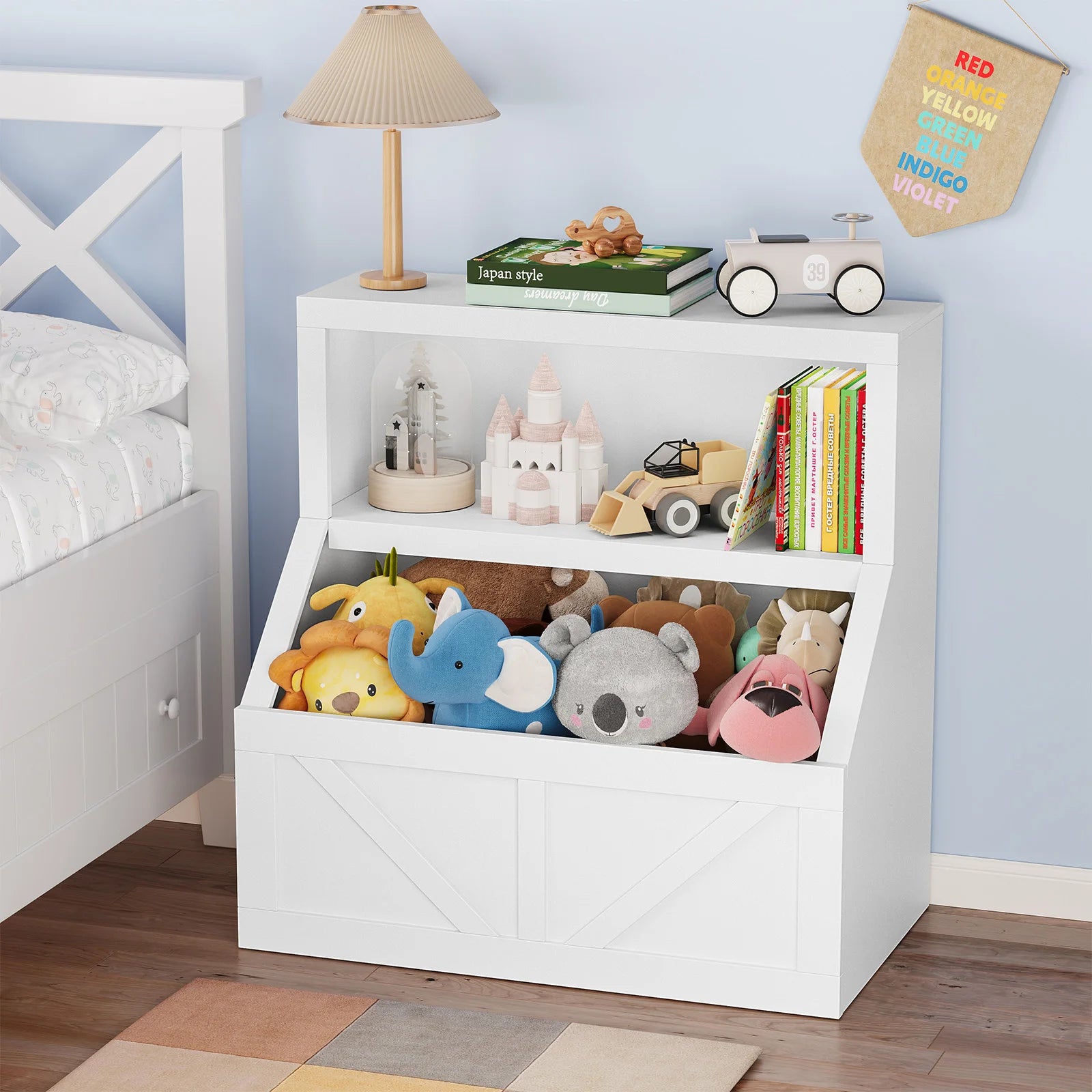 Kids Bookshelf & Toy Storage Cabinet - 2-Tier Wooden Toddler Bookcase with Large Cubbies and 2 Shelves, Space-Saving Book Organizer for Playroom, Bedroom, Nursery, Study area or Daycare