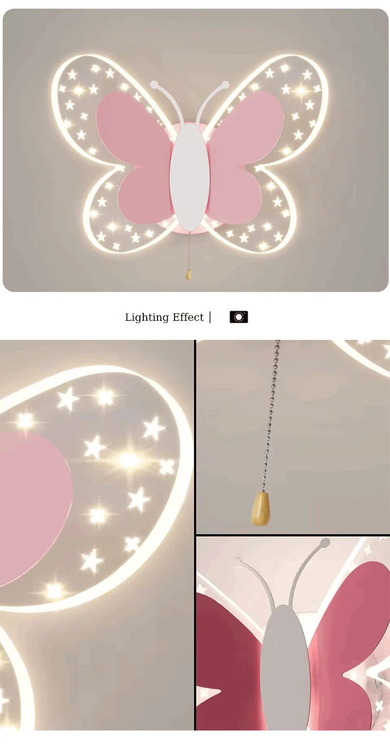 Butterfly LED Wall Lamp Tricolor Adjustment Pull Switch Children Room Wall Light Creative Living Room Bedside Home Ddecor Lamps