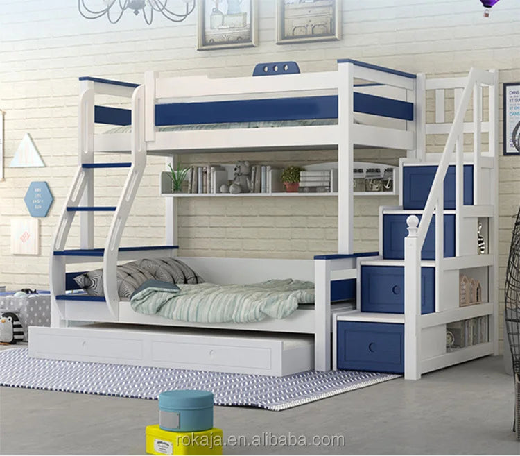 Kids Bedroom Furniture Wooden Bunk Bed Multifunctional Combination Children Beds Blue White Slide Bed for Boy