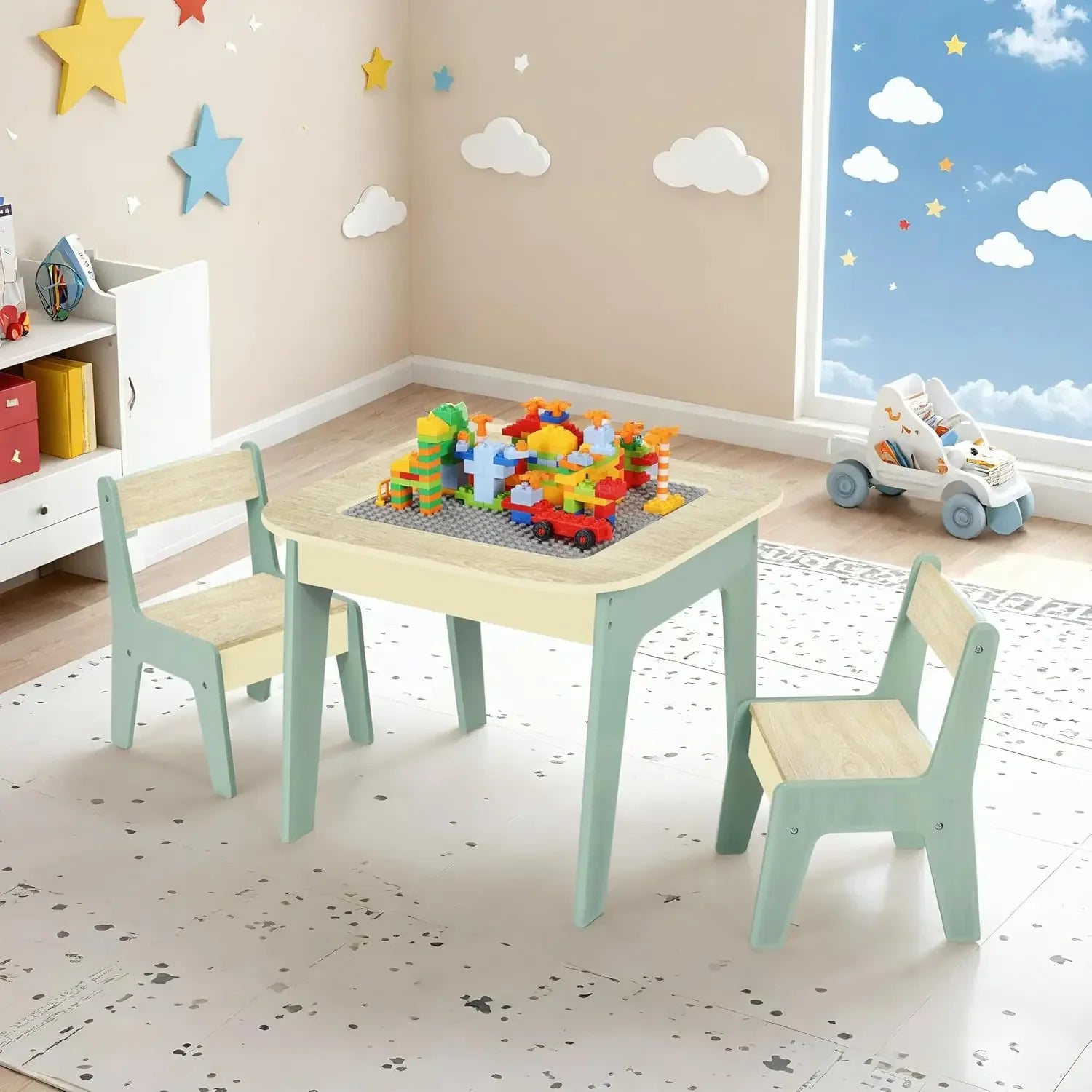 Wooden 2 in 1 Building Block Tabletop,Children's Activity Table and 2 Chairs with Storage for Arts, Crafts, Reading, Preschool