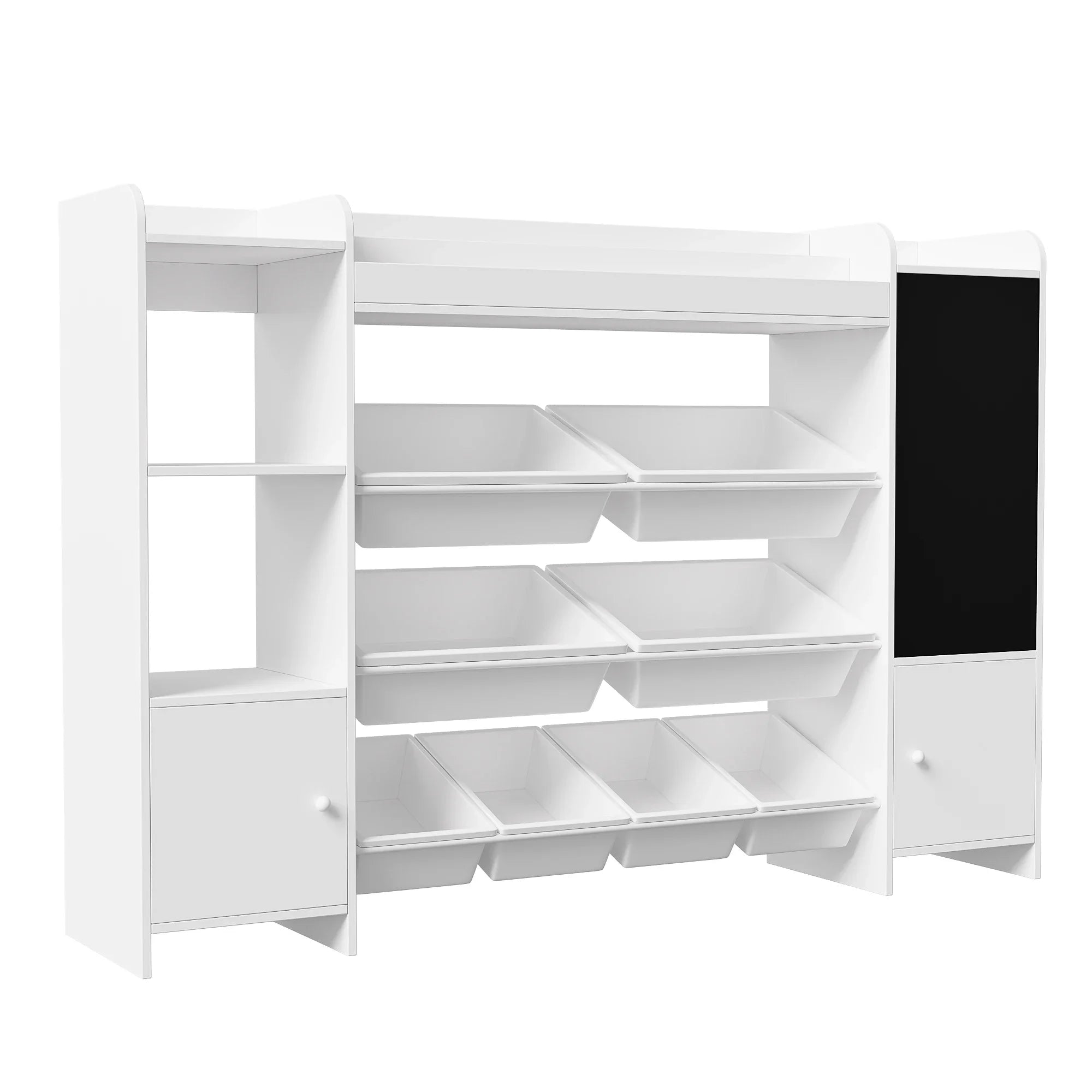 Comanlai White Children's Bookshelf, Freestanding Kids Bookcase with Blackboard, 2 Doors and 8 Storage Baskets, Wooden Book Display Rack for Living Room, Playroom, Bedroom Storage Organizer, 94.5x137x30cm