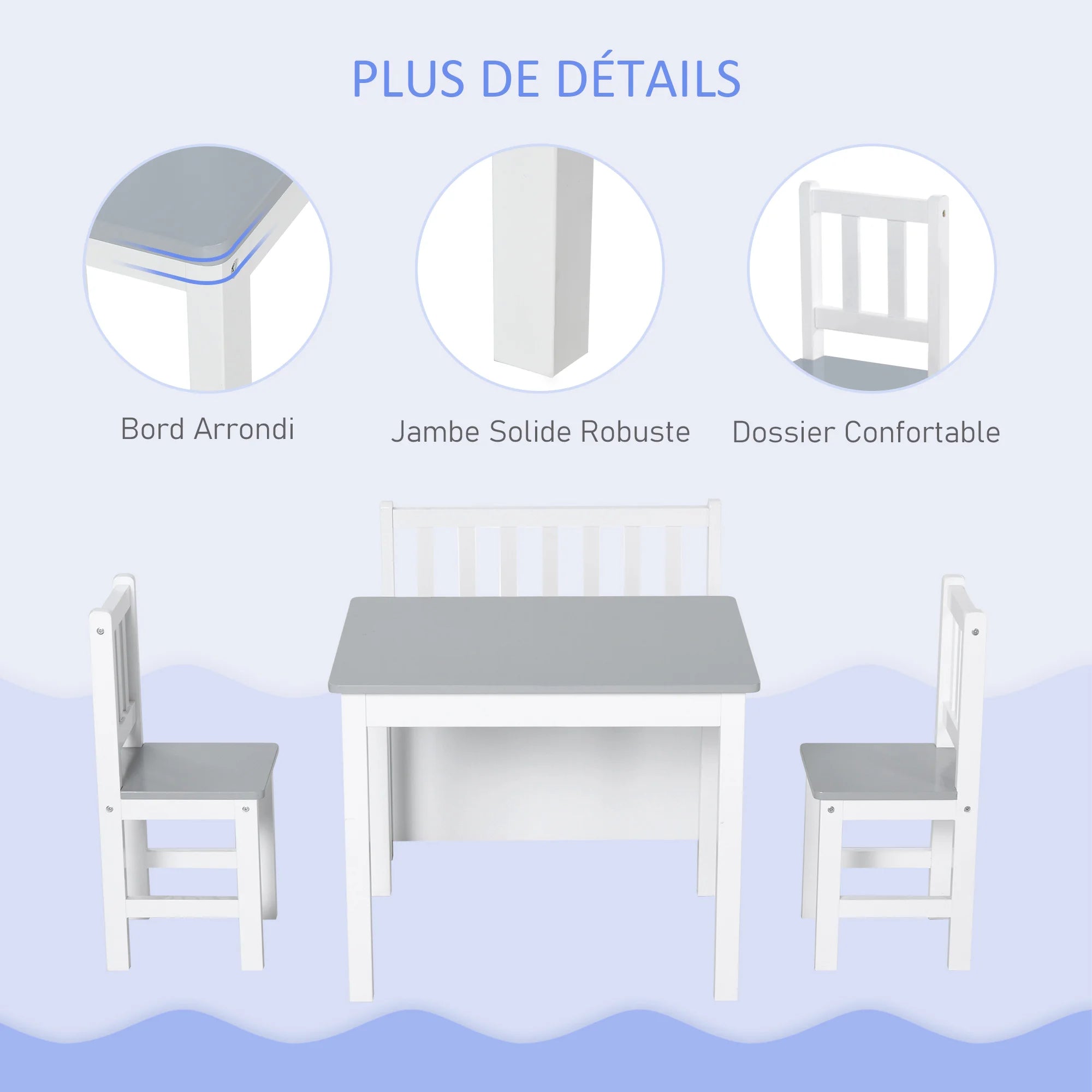 HOMCOM HOMCOM Children’s table and chairs set-4-piece set-table, 2 chairs, 2-in-1 chest bench-white pine MDF gray
