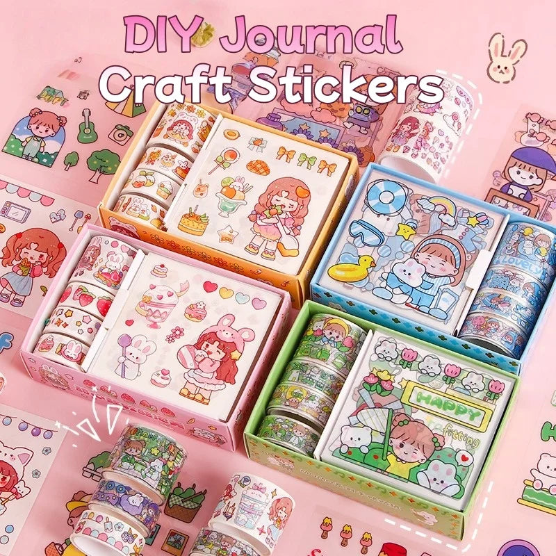 Kawaii Stationery Gift Set, PET Decorative Tape & Cute Stickers, DIY Journal Craft Supplies for Students & Scrapbook Lovers