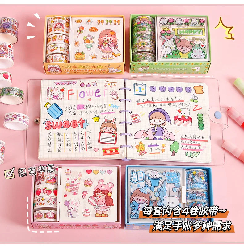 Kawaii Stationery Gift Set, PET Decorative Tape & Cute Stickers, DIY Journal Craft Supplies for Students & Scrapbook Lovers