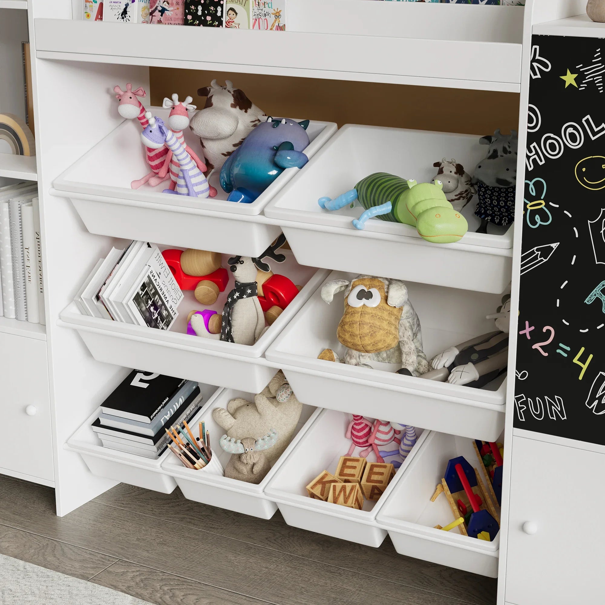 Comanlai White Children's Bookshelf, Freestanding Kids Bookcase with Blackboard, 2 Doors and 8 Storage Baskets, Wooden Book Display Rack for Living Room, Playroom, Bedroom Storage Organizer, 94.5x137x30cm