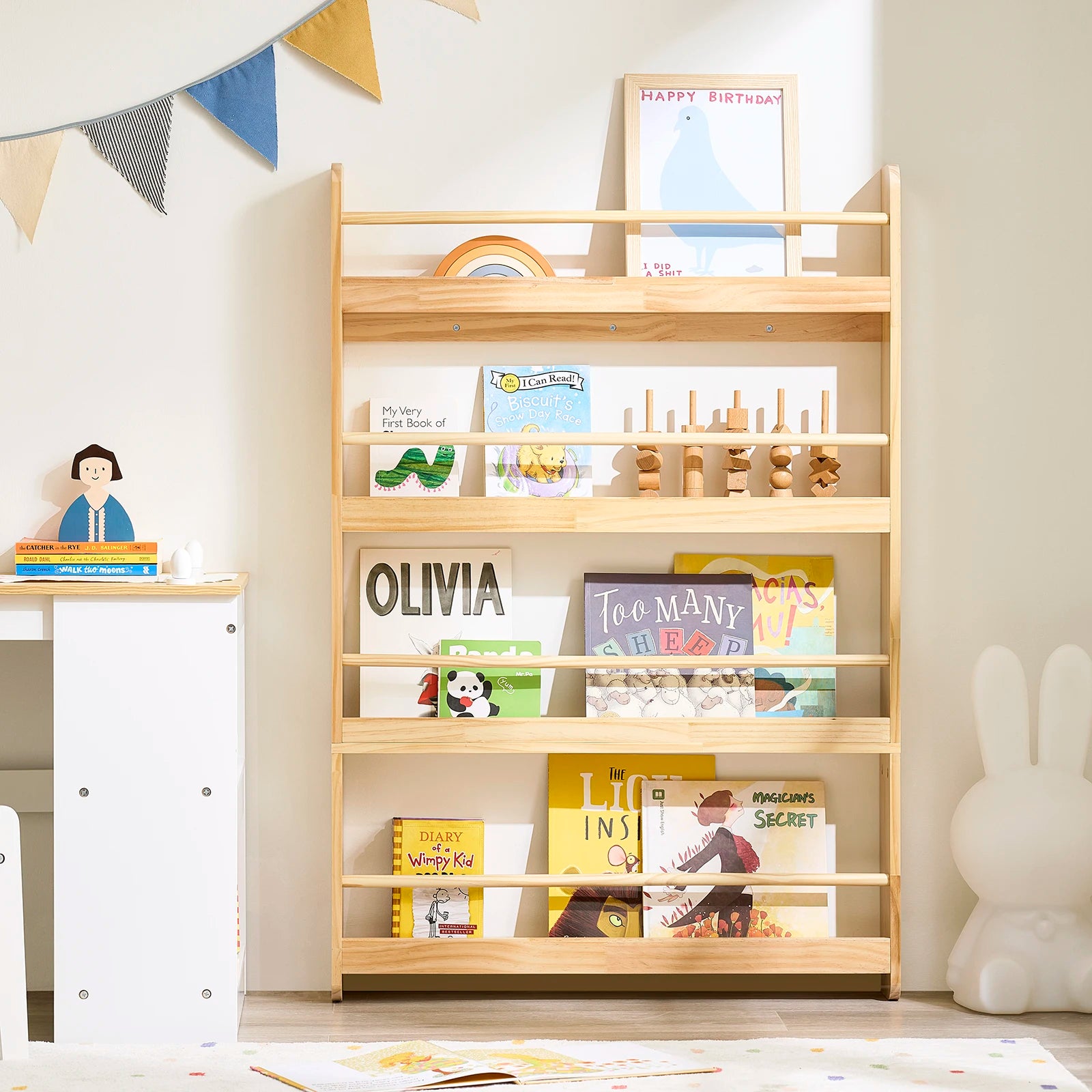 SoBuy KMB08-N Bookshelf Children storage Shelf with 4 Shelves for Book toys and Deco Nature 80x118x12cm