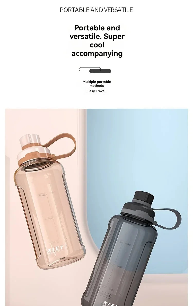 Large-capacity portable water bottle, made of high-transparency, drop-resistant PC material, with a leak-proof handle.