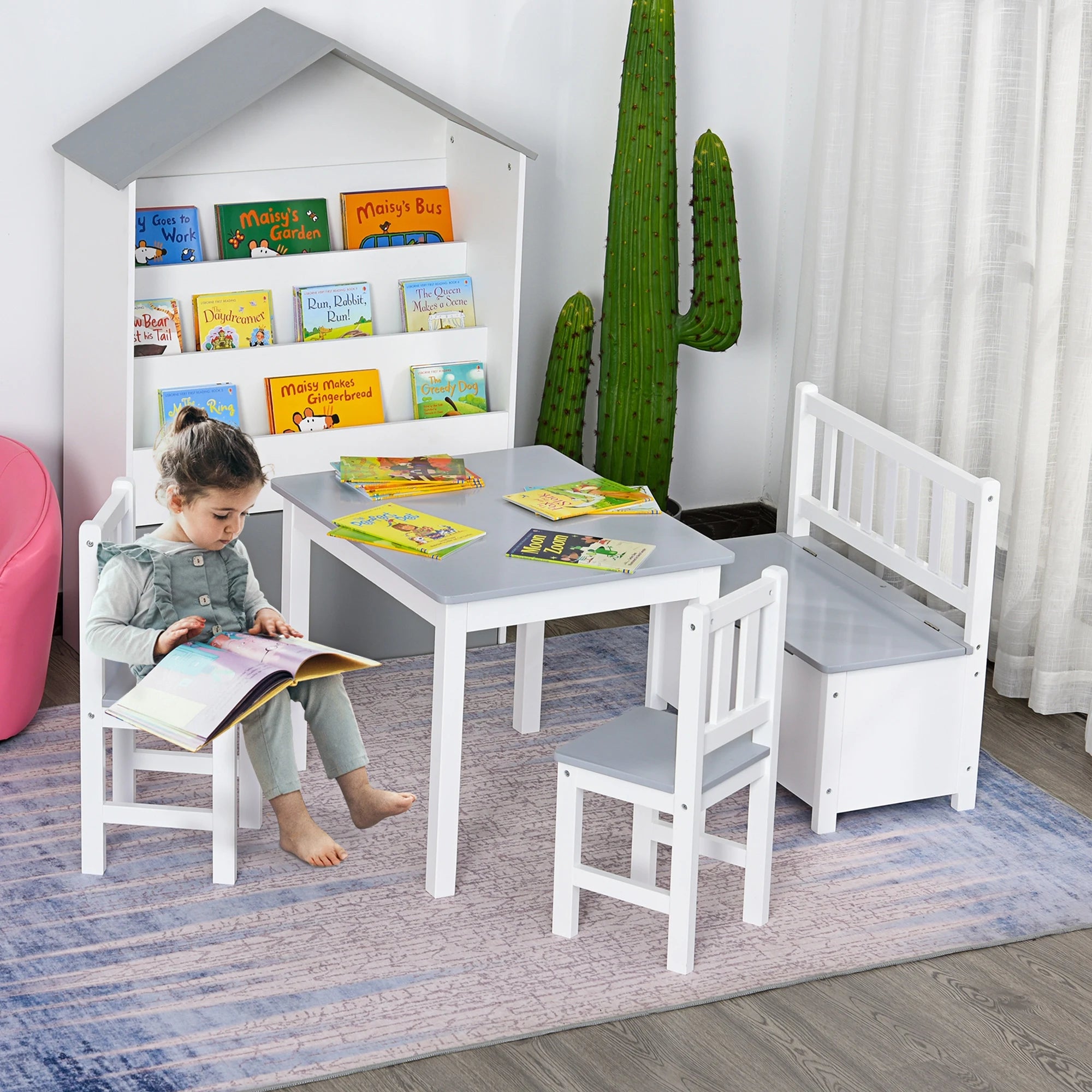 HOMCOM HOMCOM Children’s table and chairs set-4-piece set-table, 2 chairs, 2-in-1 chest bench-white pine MDF gray
