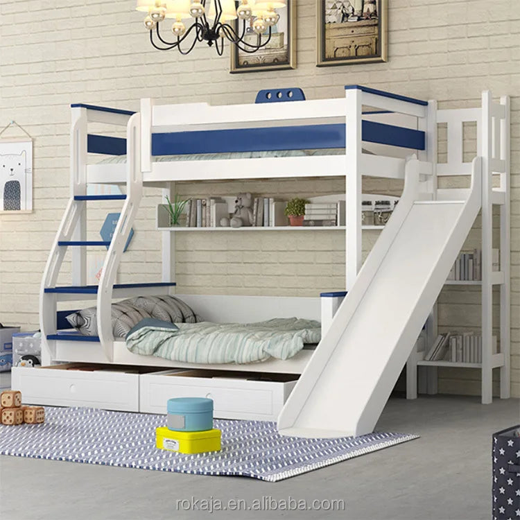 Kids Bedroom Furniture Wooden Bunk Bed Multifunctional Combination Children Beds Blue White Slide Bed for Boy