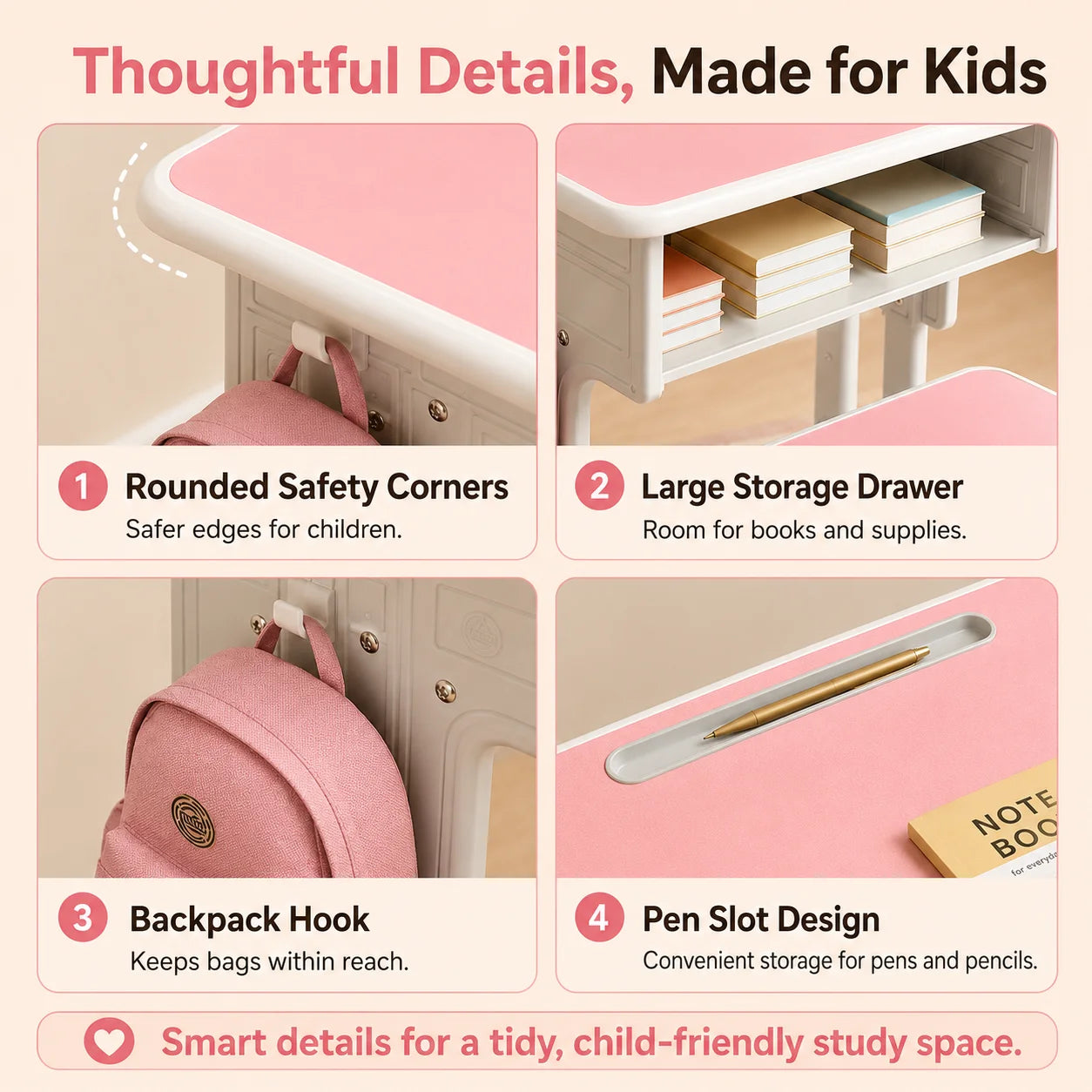 Height Adjustable Children Study Desk Chair Set Ergonomic Posture Kids Student Table Ages 3-18