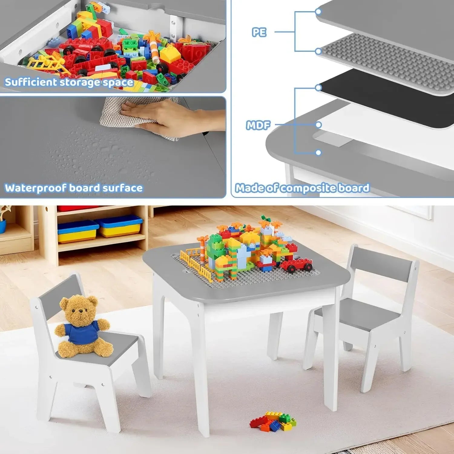 Wooden 2 in 1 Building Block Tabletop,Children's Activity Table and 2 Chairs with Storage for Arts, Crafts, Reading, Preschool