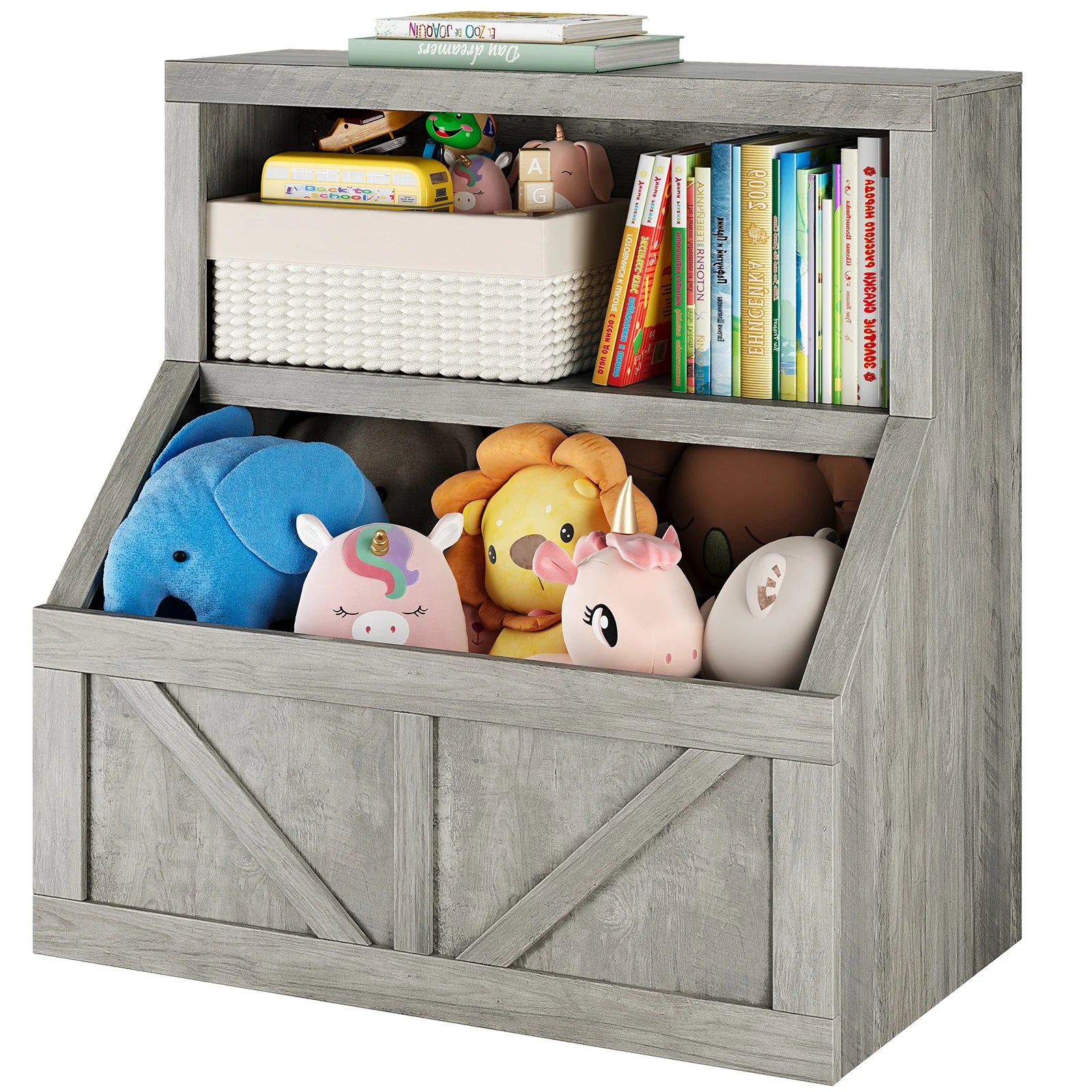 Kids Bookshelf & Toy Storage Cabinet - 2-Tier Wooden Toddler Bookcase with Large Cubbies and 2 Shelves, Space-Saving Book Organizer for Playroom, Bedroom, Nursery, Study area or Daycare