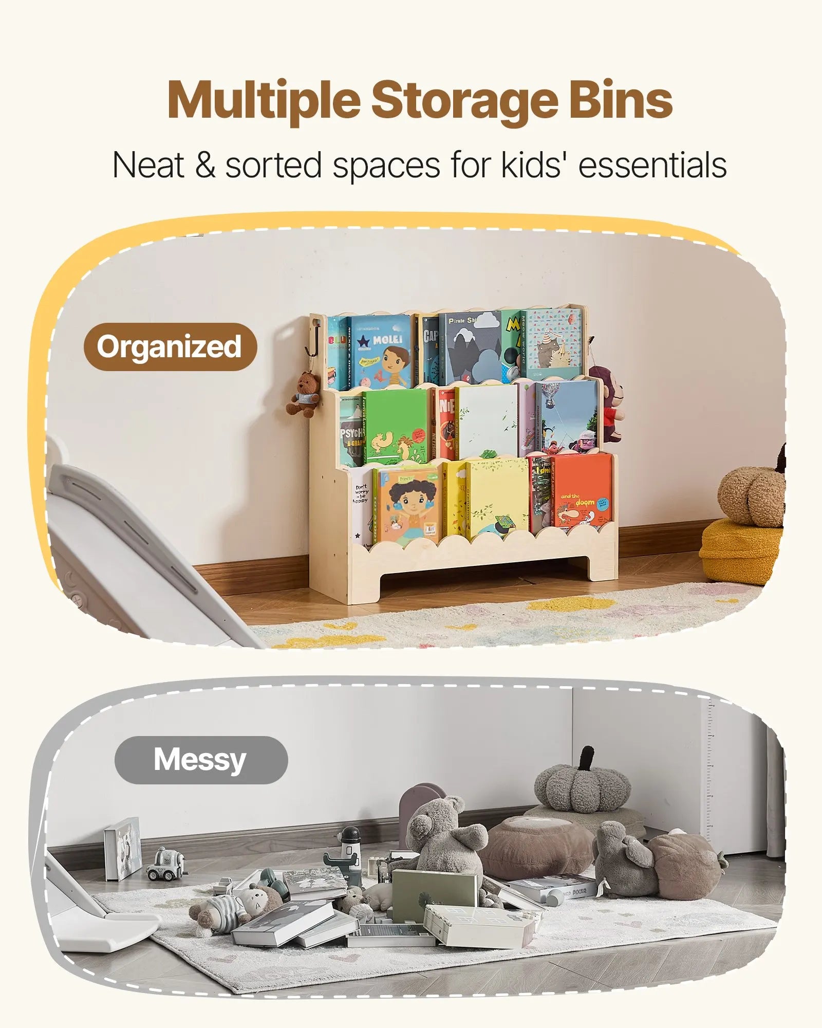 Montessori Children's Bookshelf - Three-tiered Bookshelf with Wave-shaped Sliding Grooves, Forward-leaning Bookshelf Frame Equipped with Double Hooks, Suitable for Baby Bookshelves, Children's Rooms, Preschools and Kindergart