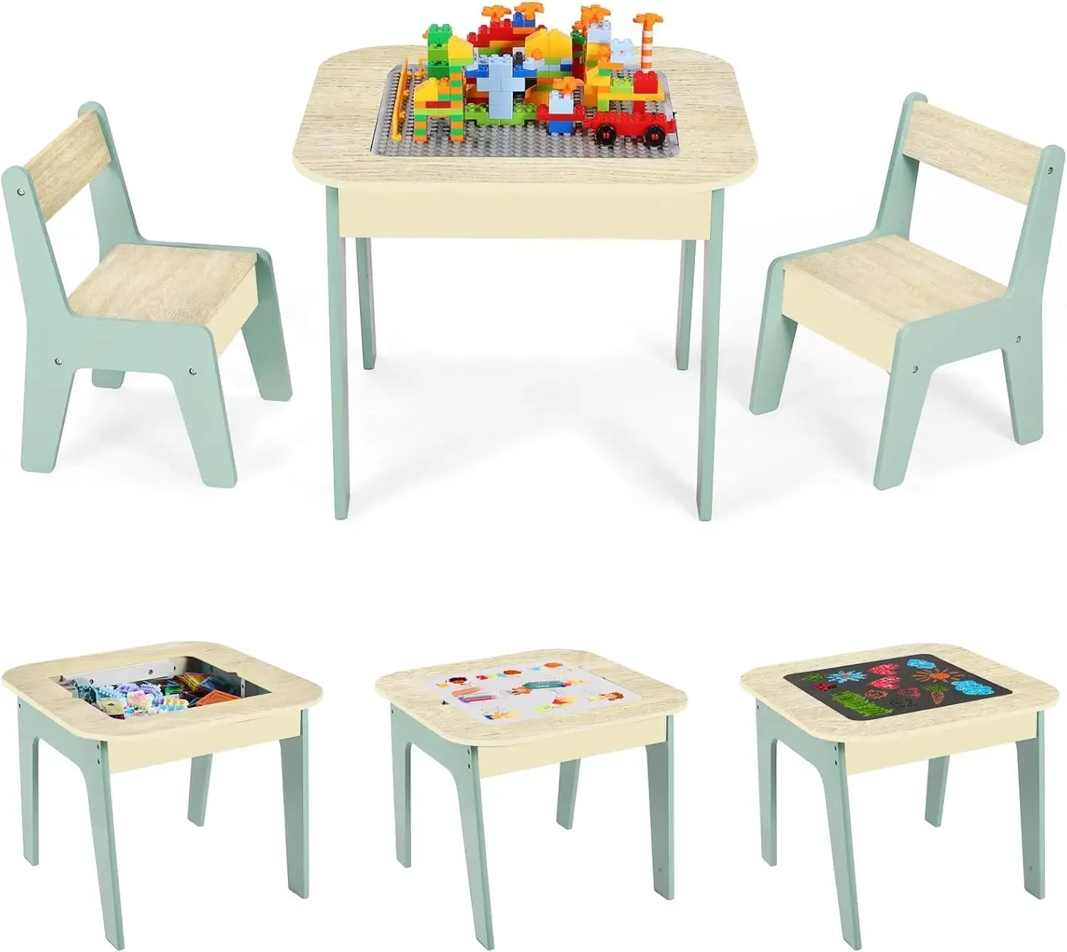 Wooden 2 in 1 Building Block Tabletop,Children's Activity Table and 2 Chairs with Storage for Arts, Crafts, Reading, Preschool
