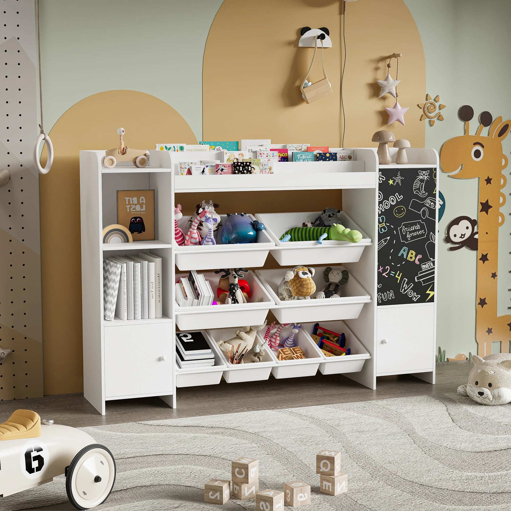 Comanlai White Children's Bookshelf, Freestanding Kids Bookcase with Blackboard, 2 Doors and 8 Storage Baskets, Wooden Book Display Rack for Living Room, Playroom, Bedroom Storage Organizer, 94.5x137x30cm