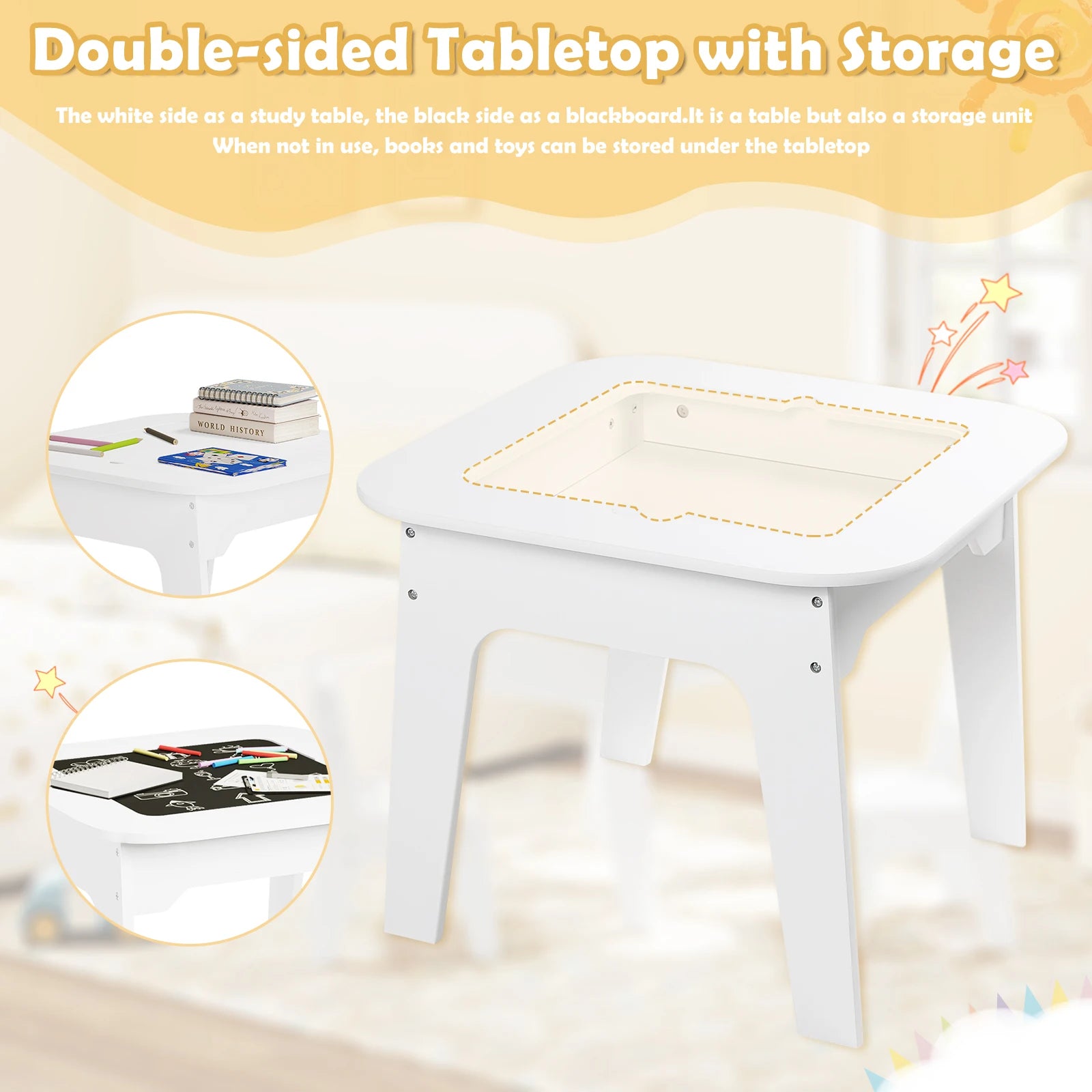WOLTU White Children's Table with 2 Chairs Storage Space Writing Desk Double-Sided Table Top for Kids Study Learning Reading