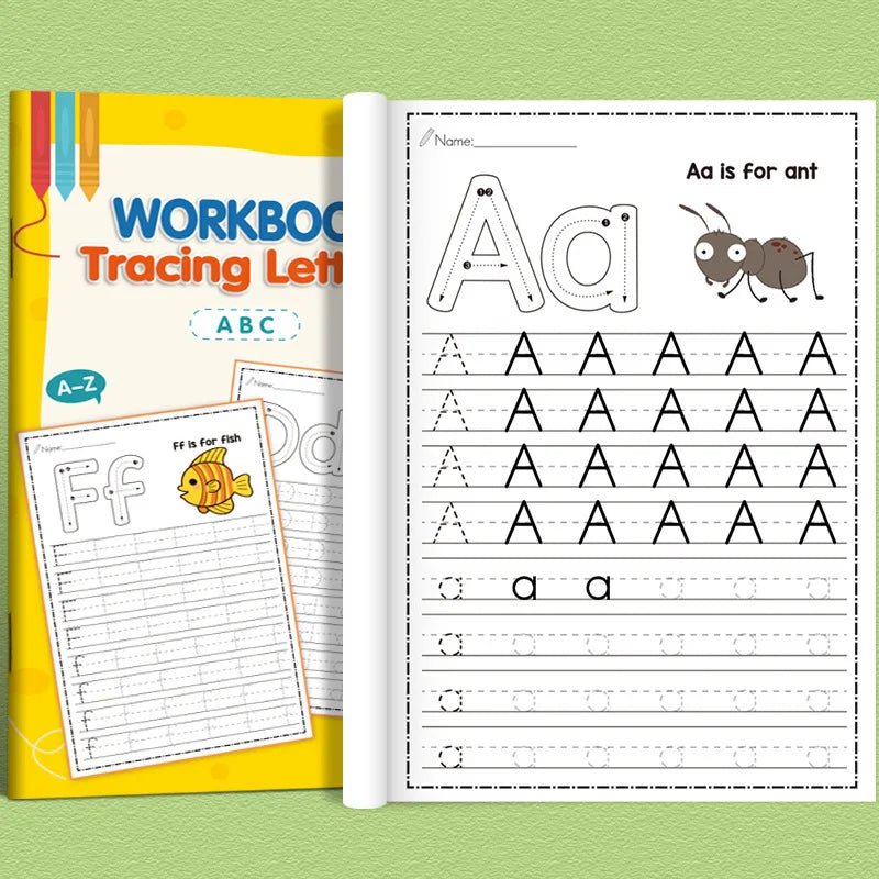 Alphabet workbook cover beside a sample letter A tracing activity page.
