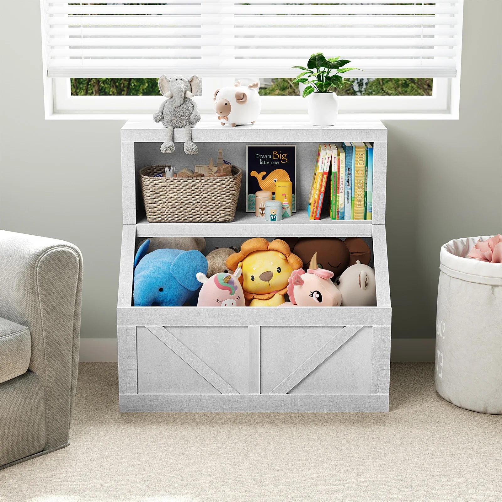 Kids Bookshelf & Toy Storage Cabinet - 2-Tier Wooden Toddler Bookcase with Large Cubbies and 2 Shelves, Space-Saving Book Organizer for Playroom, Bedroom, Nursery, Study area or Daycare