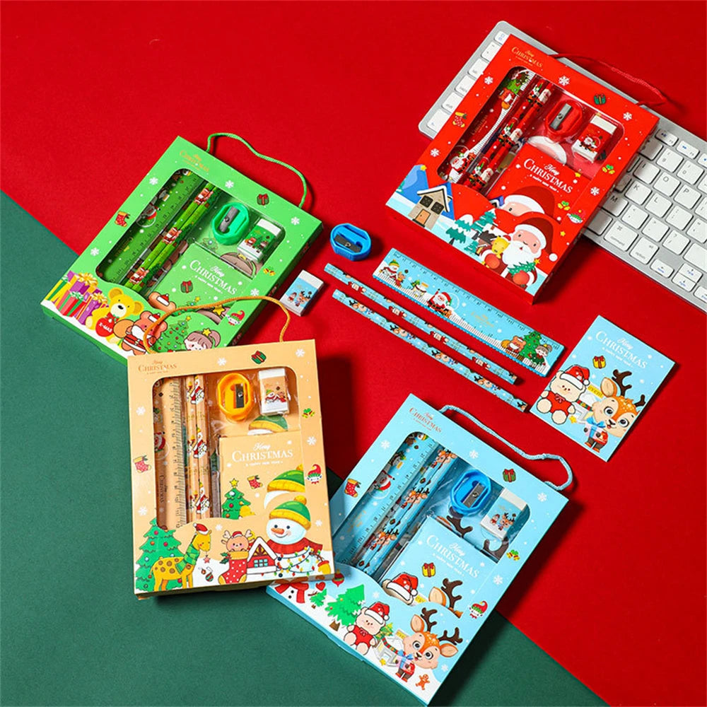 6pcs Christmas Stationery Set Kids Cartoon Pencils Eraser Ruler Memo Pads Pencil Knife Set School Supplies Back To School Gifts