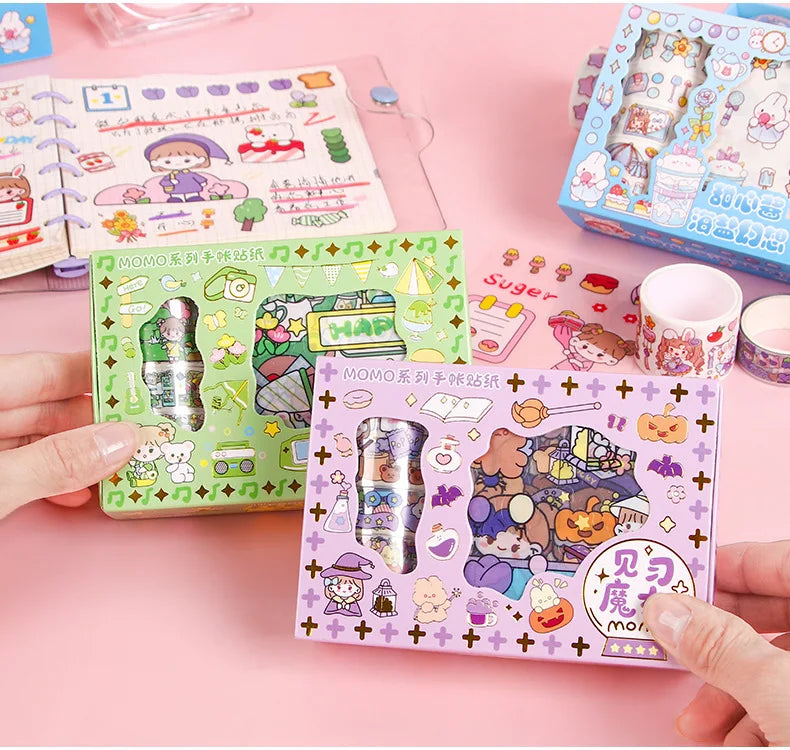 Kawaii Stationery Gift Set, PET Decorative Tape & Cute Stickers, DIY Journal Craft Supplies for Students & Scrapbook Lovers