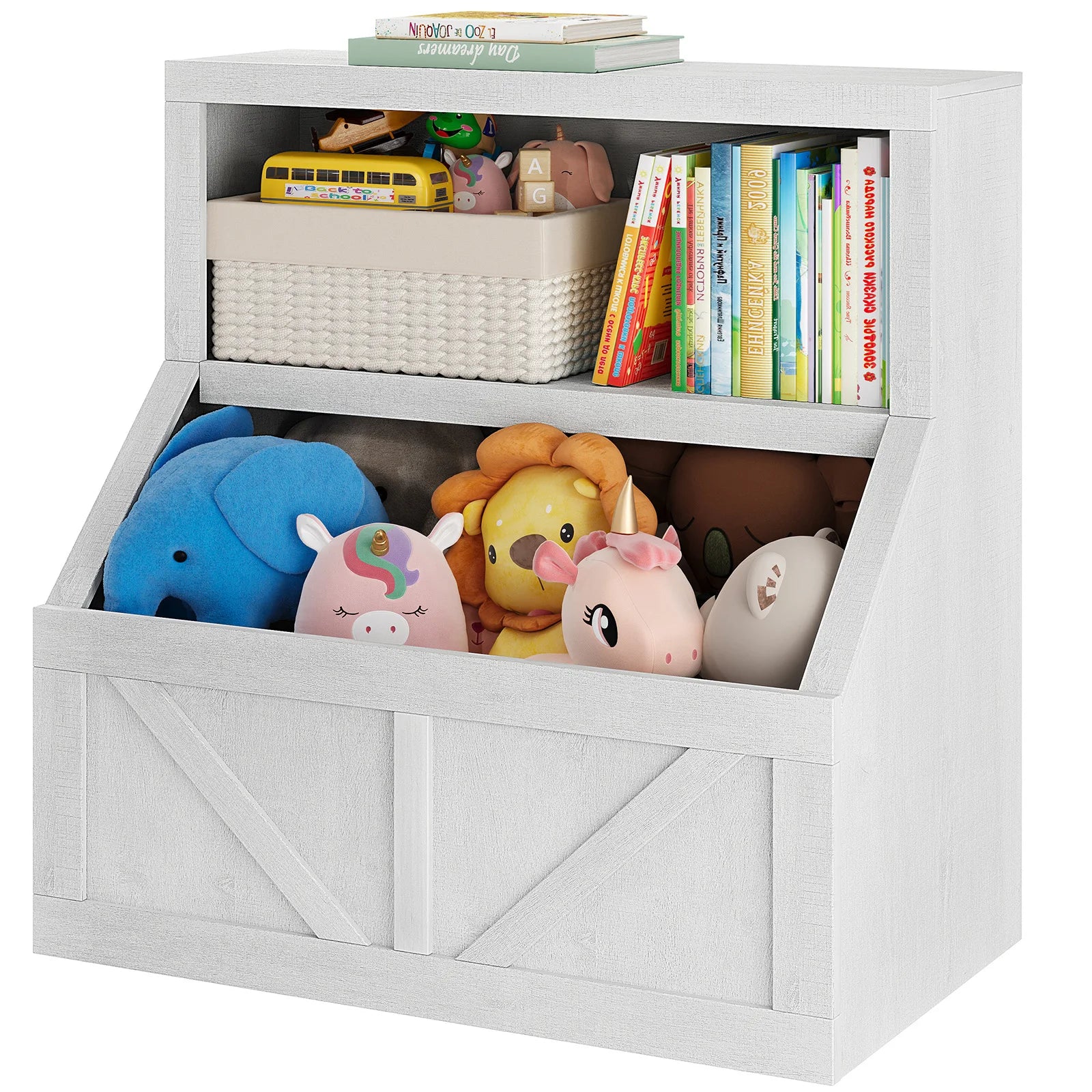 Kids Bookshelf & Toy Storage Cabinet - 2-Tier Wooden Toddler Bookcase with Large Cubbies and 2 Shelves, Space-Saving Book Organizer for Playroom, Bedroom, Nursery, Study area or Daycare
