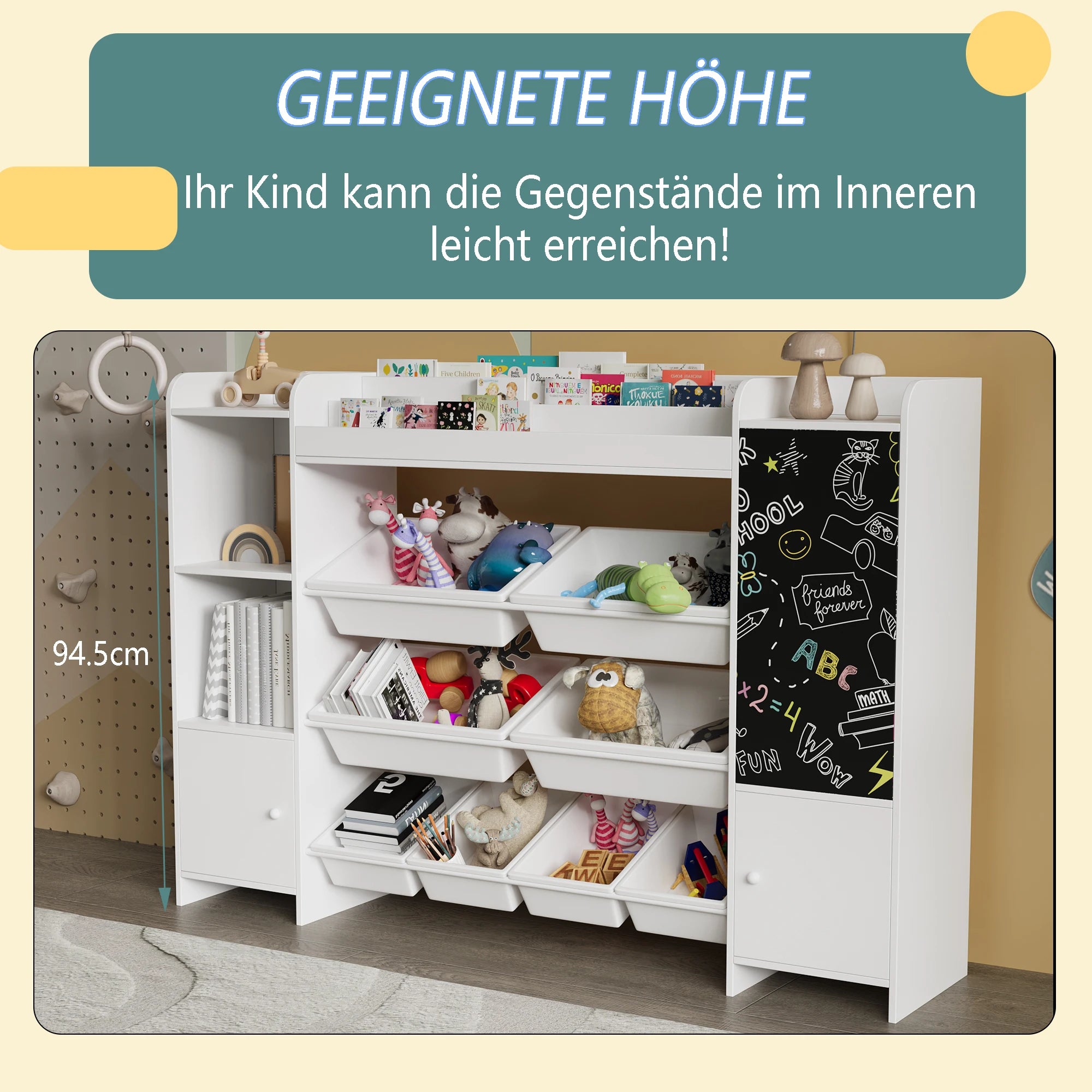 Comanlai White Children's Bookshelf, Freestanding Kids Bookcase with Blackboard, 2 Doors and 8 Storage Baskets, Wooden Book Display Rack for Living Room, Playroom, Bedroom Storage Organizer, 94.5x137x30cm