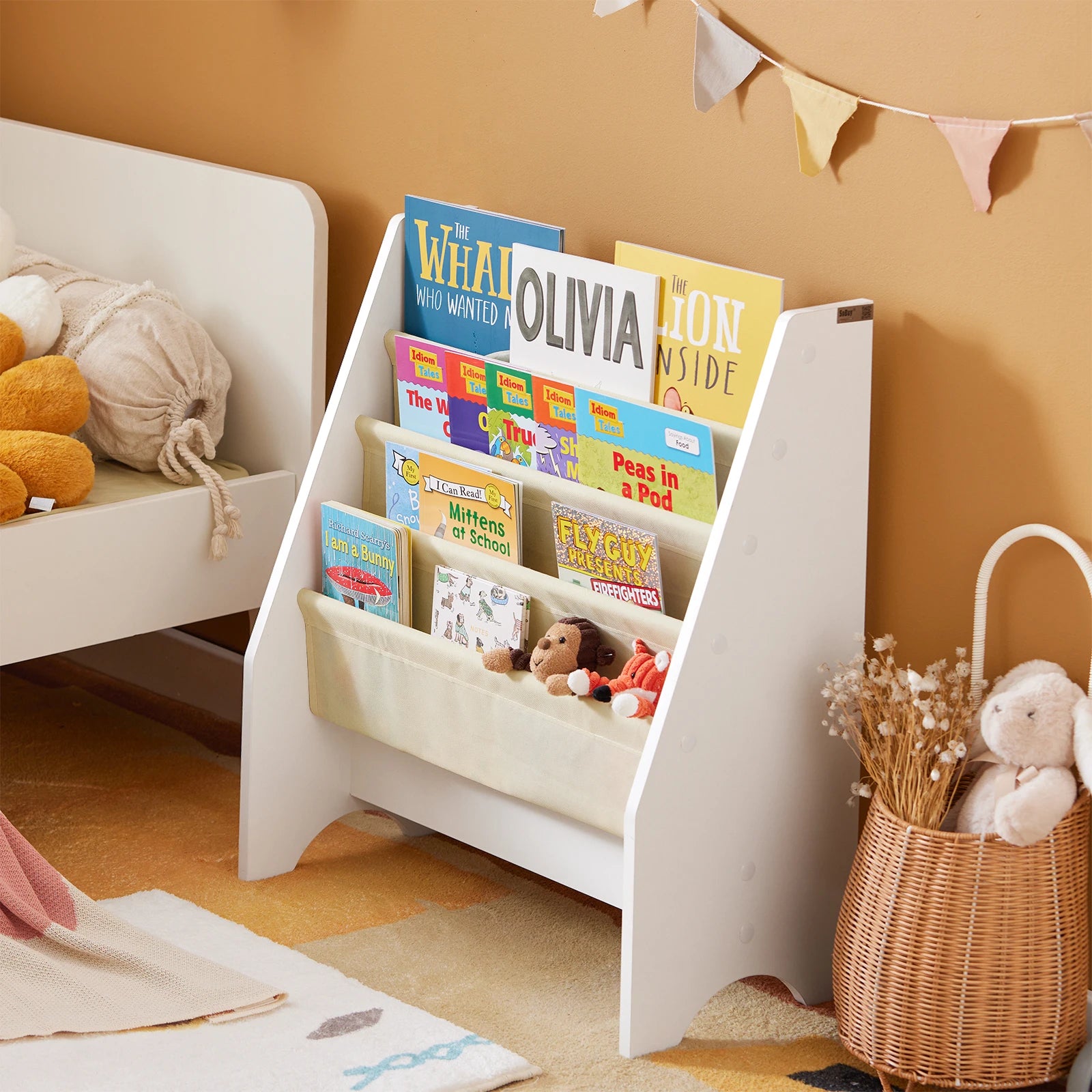 SoBuy FRG225-W Children's Bookshelf Hanging hand fan Shelf Newspaper stand with 4 Shelves Book Rack BHT approx: 62x71x29cm