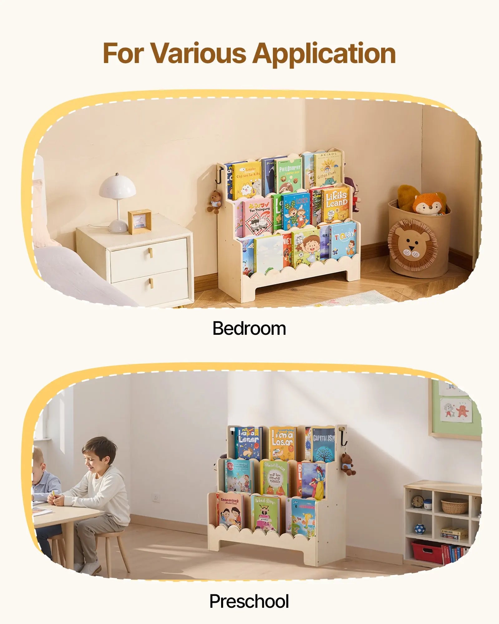 Montessori Children's Bookshelf - Three-tiered Bookshelf with Wave-shaped Sliding Grooves, Forward-leaning Bookshelf Frame Equipped with Double Hooks, Suitable for Baby Bookshelves, Children's Rooms, Preschools and Kindergart