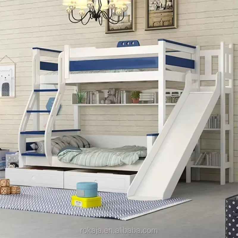 Kids Bedroom Furniture Wooden Bunk Bed Multifunctional Combination Children Beds Blue White Slide Bed for Boy