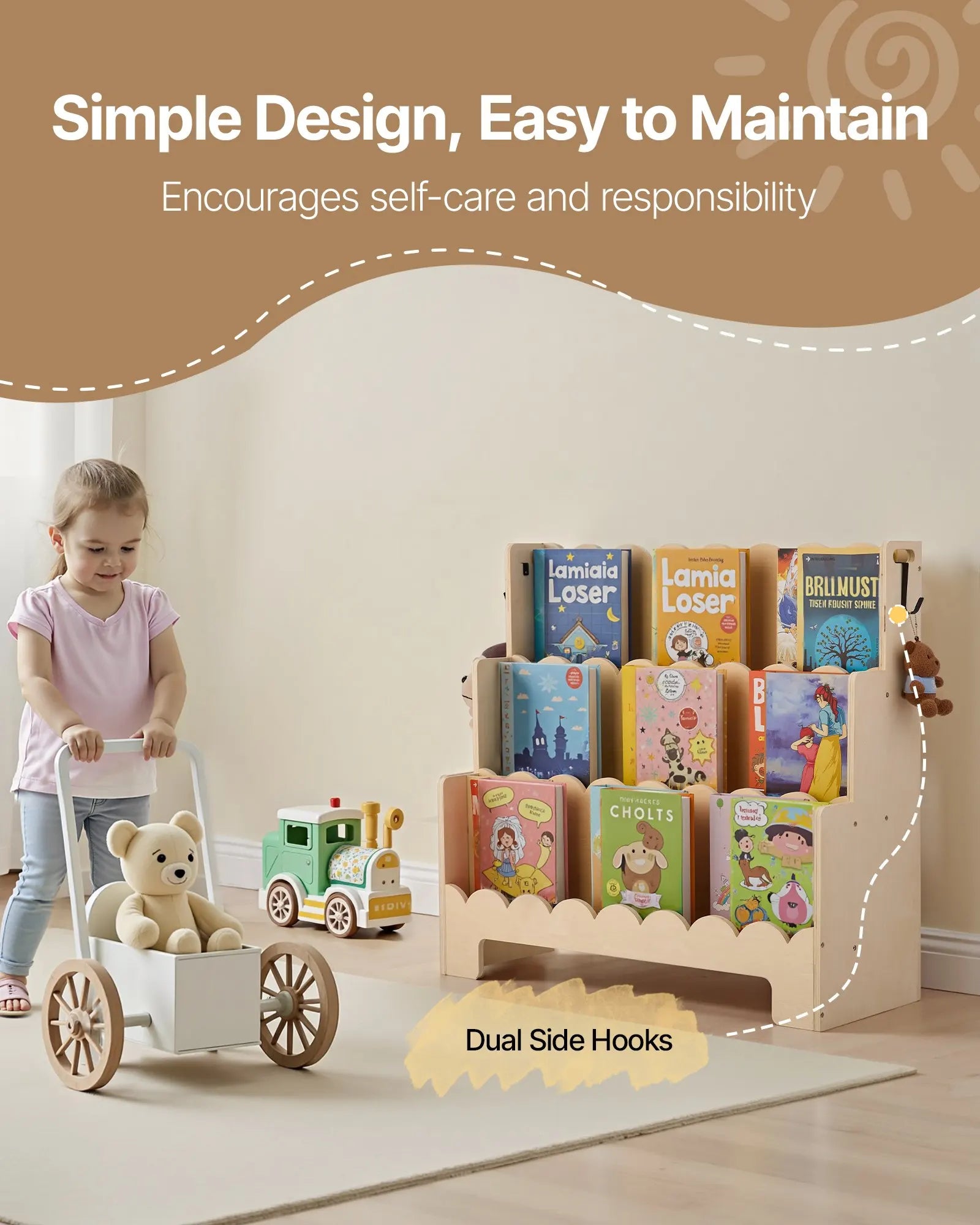 Montessori Children's Bookshelf - Three-tiered Bookshelf with Wave-shaped Sliding Grooves, Forward-leaning Bookshelf Frame Equipped with Double Hooks, Suitable for Baby Bookshelves, Children's Rooms, Preschools and Kindergart
