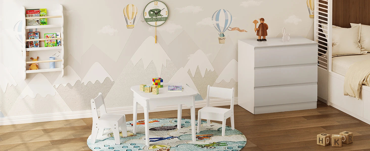 WOLTU White Children's Table with 2 Chairs Storage Space Writing Desk Double-Sided Table Top for Kids Study Learning Reading