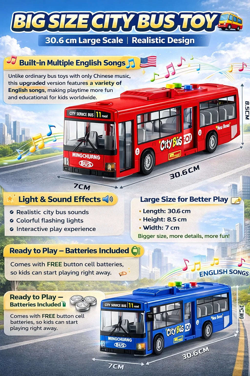 Large Size Light Music Inertia Bus Model Pull Back Cars Simulation Bus High Quality Drop-resistant Educational Toys Gifts