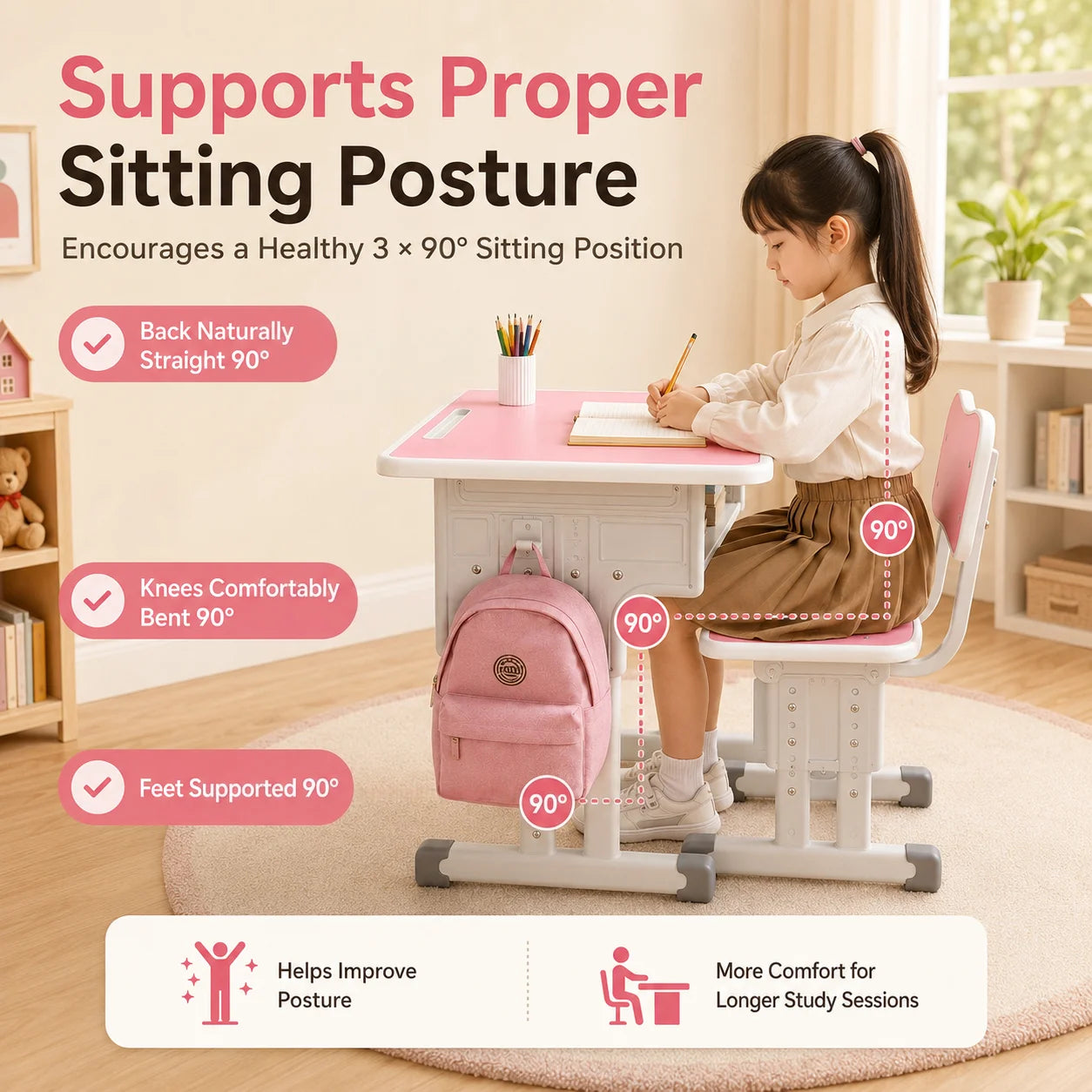 Height Adjustable Children Study Desk Chair Set Ergonomic Posture Kids Student Table Ages 3-18