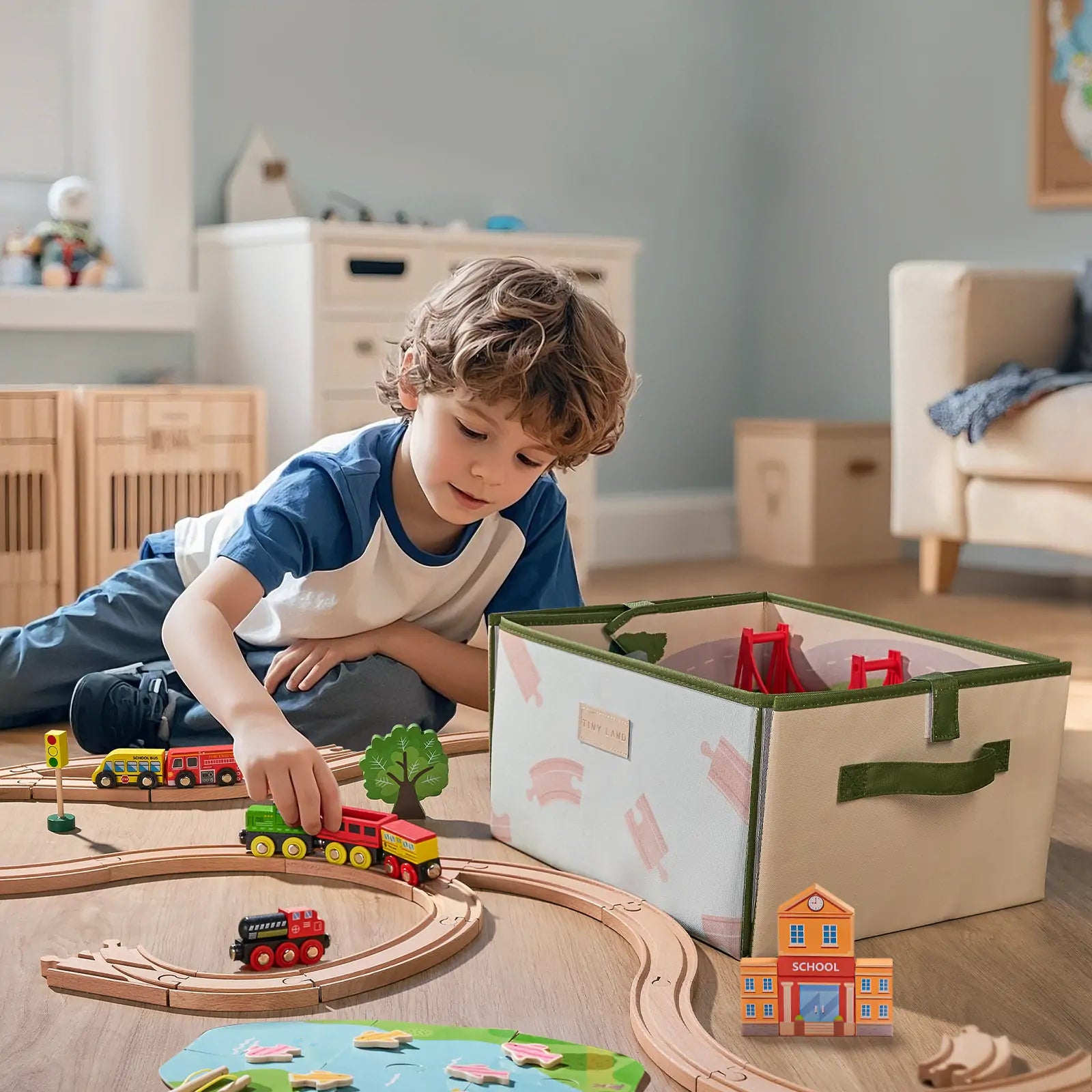 Tiny Land 110-Piece Wooden Train Set with Storage Box