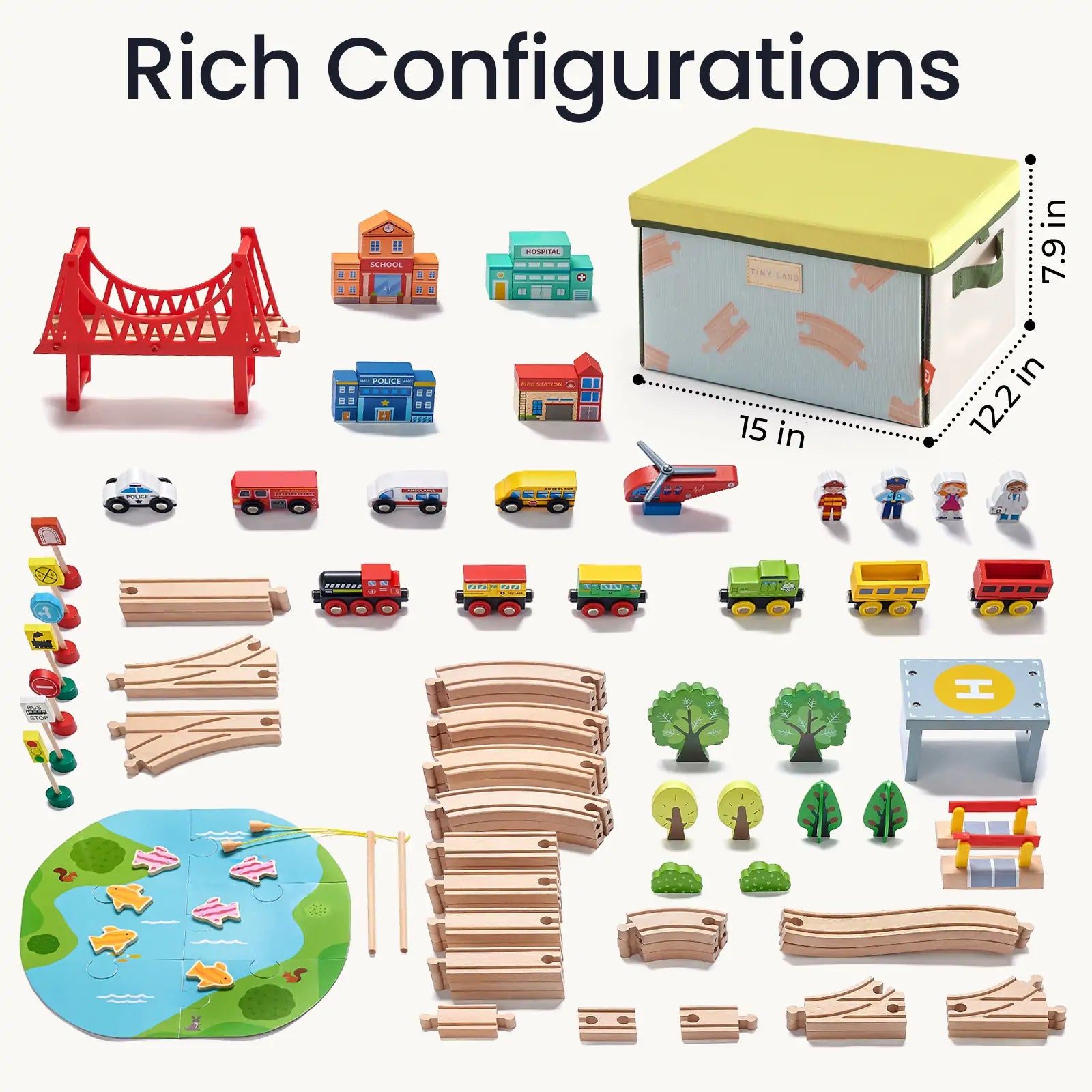 Tiny Land 110-Piece Wooden Train Set with Storage Box