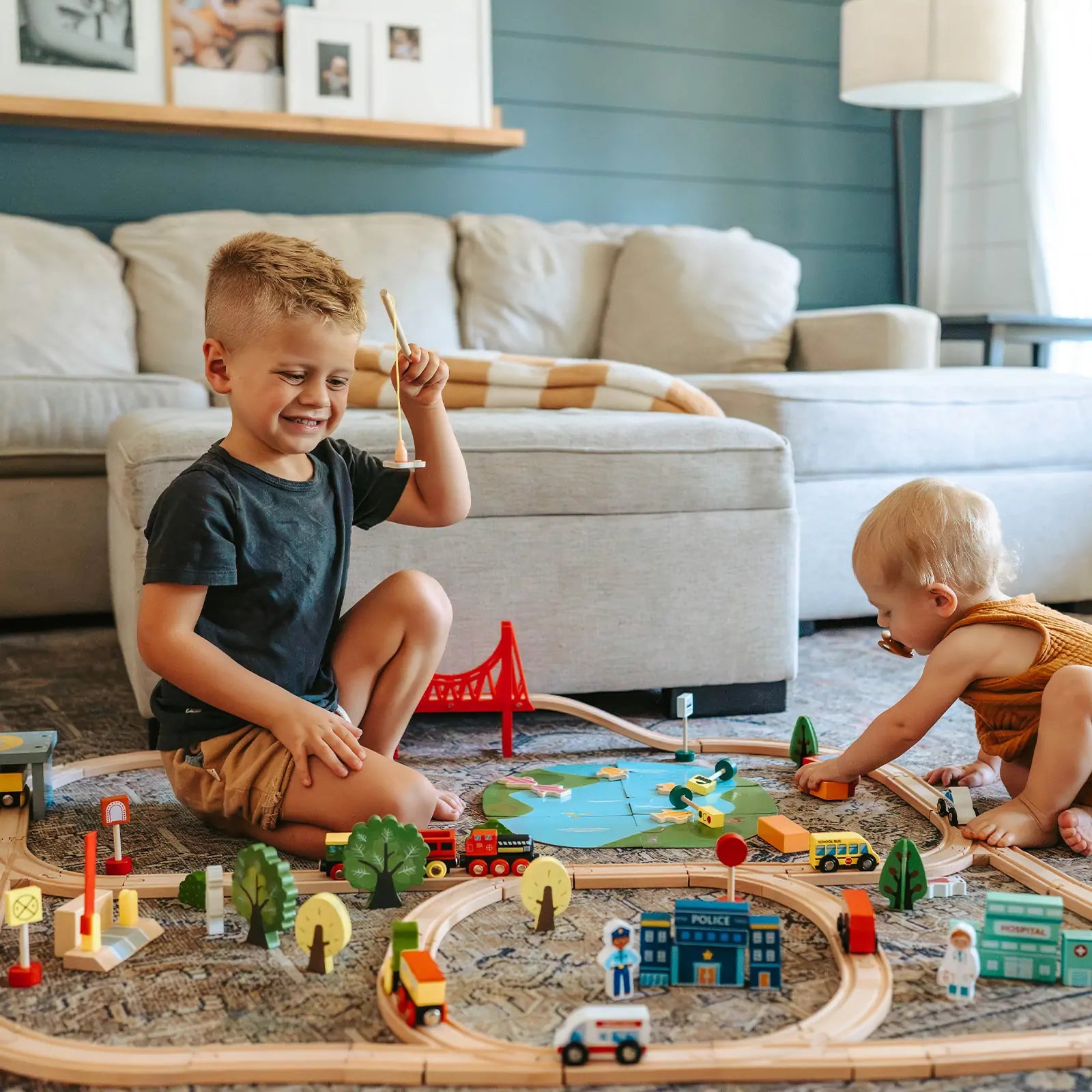 Tiny Land 110-Piece Wooden Train Set with Storage Box