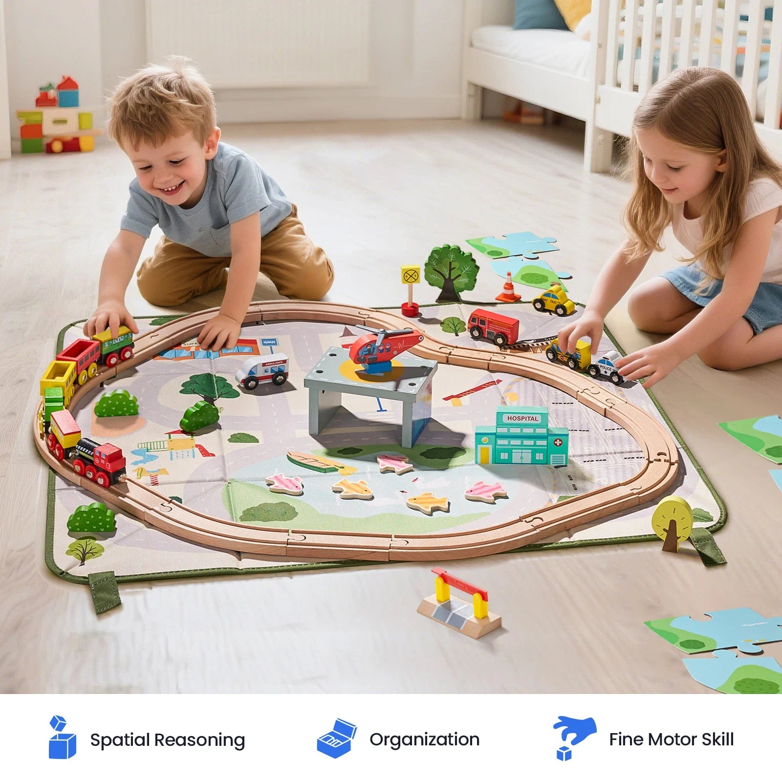 Tiny Land 110-Piece Wooden Train Set with Storage Box