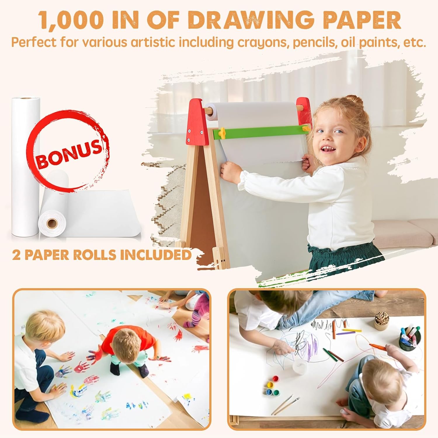 Tiny Land 3-in-1 Kids Art Easel with Two Paper Rolls