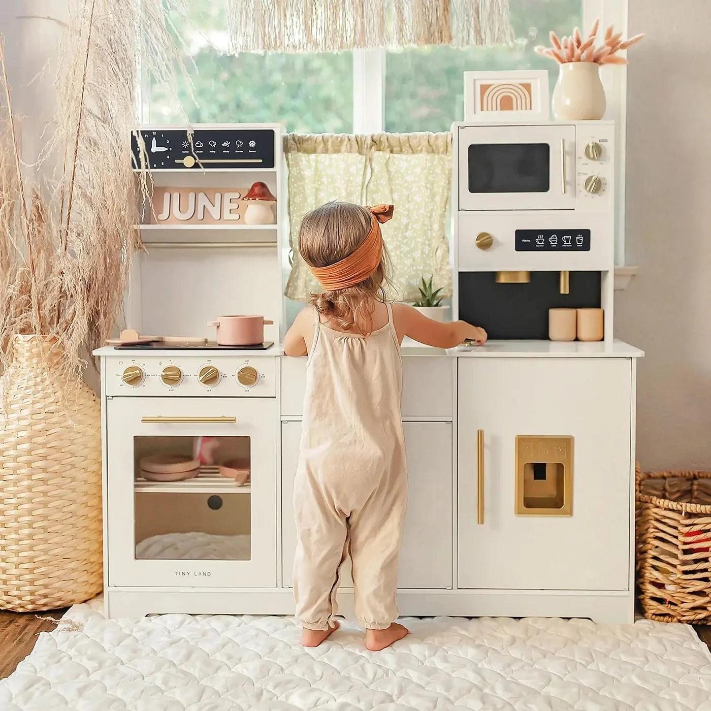 Tiny Land play kitchen microwave and storage details
